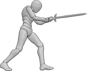 Referência de poses- Pose da espada para a frente - O homem está a segurar a espada com as duas mãos e a empurrar para a frente