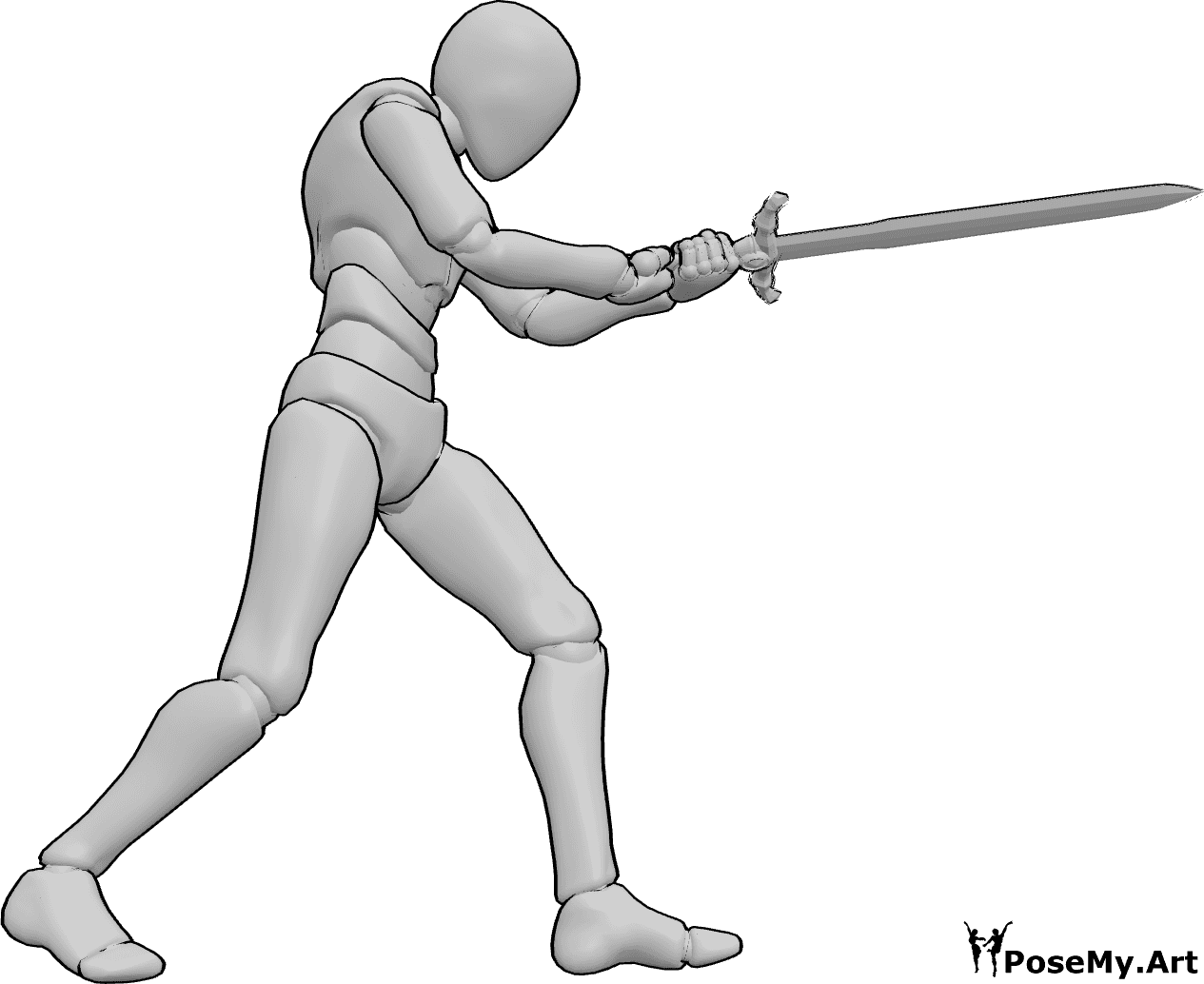 Pose Reference- Sword thrust forward pose - Male is holding the sword with both hands and pushing forward