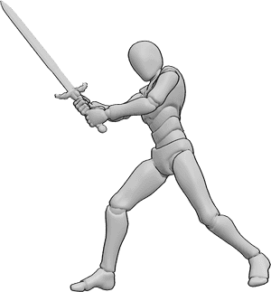 Referência de poses- Pose de corte a meio do swing - Homem segura a espada com as duas mãos, balançando-a na diagonal