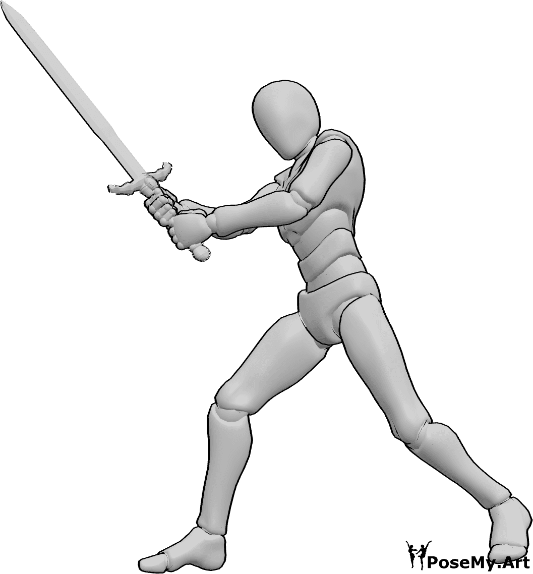Pose Reference- Mid-swing slash pose - Male is holding the sword with both hands, swinging it diagonally