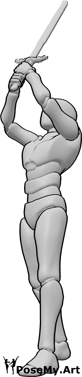 Referencia de poses- Espada heroica pose elevada - El hombre sujeta la espada con ambas manos y la levanta en alto