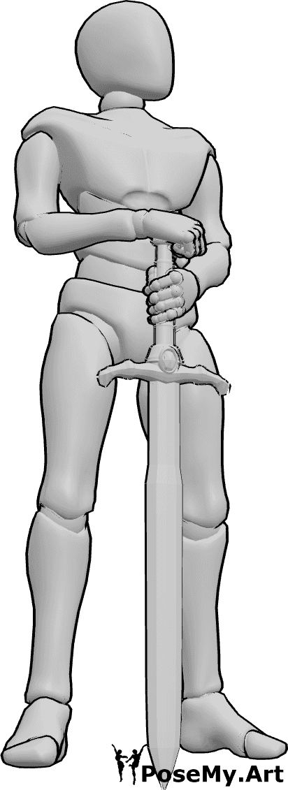 Pose Reference- Sword victory pose - Male is standing, holding the sword which is planted tip-down into the ground, he is looking to the left