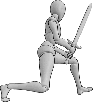 Referência de poses- Mulher agachada com pose de espada - A mulher está agachada, segurando a espada com as duas mãos, olhando para a esquerda