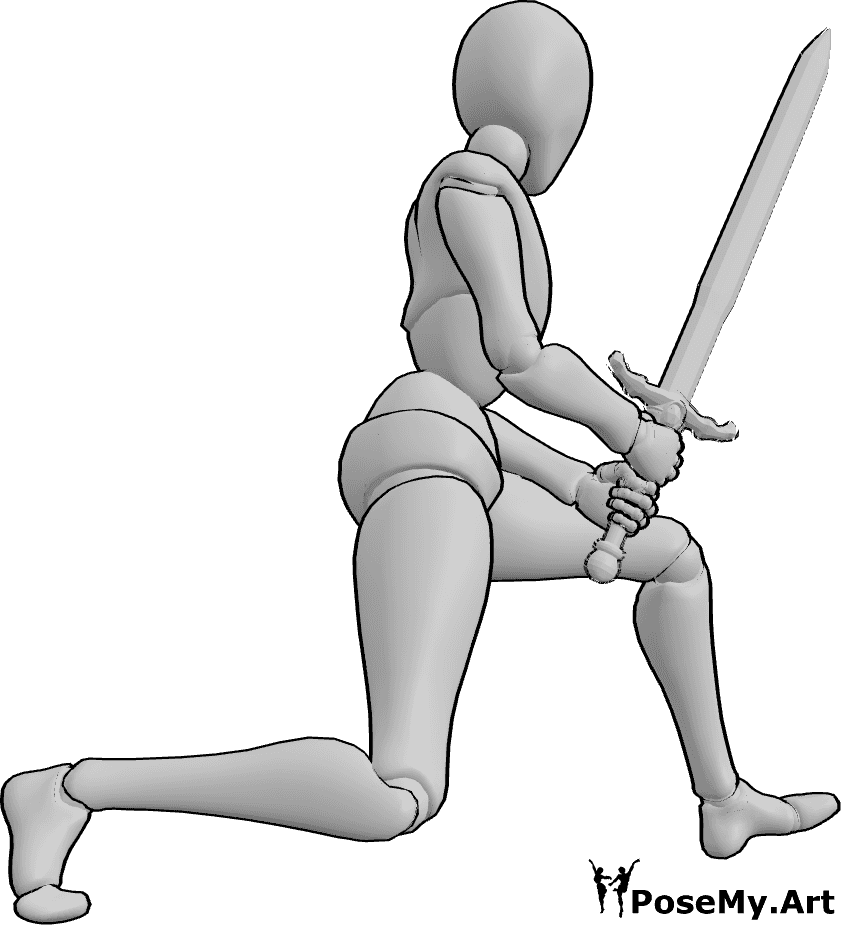 Referencia de poses- Mujer agachada sosteniendo una espada - La mujer está en cuclillas, sosteniendo la espada con ambas manos, mirando a la izquierda.