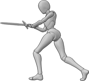 Referência de poses- Pose de espada com duas mãos - A mulher segura a espada com as duas mãos, balançando-a na diagonal
