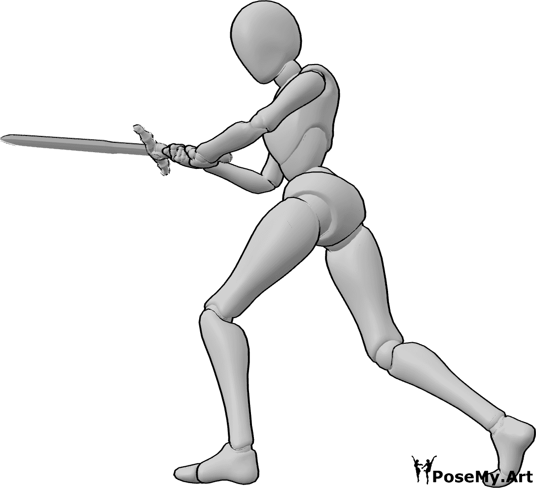 Referência de poses- Pose de espada com duas mãos - A mulher segura a espada com as duas mãos, balançando-a na diagonal