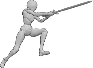 Referência de poses- Pose de ataque com espada de duas mãos - Mulher a saltar, a atacar com uma espada, pose feminina de espada com duas mãos