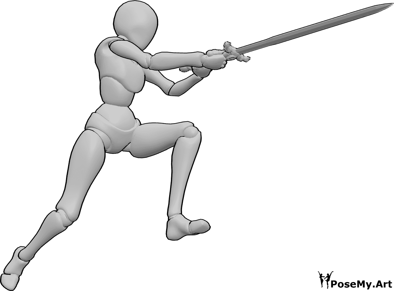 Pose Reference- Two handed sword attack pose - Female is jumping, attacking with a sword, female two handed sword pose