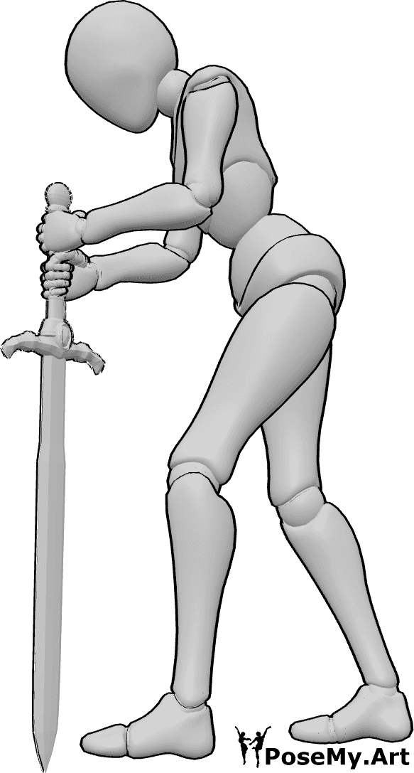 Pose Reference- Sword ground stabbing pose - Female is stabbing her sword into the ground with both hand