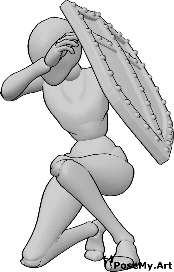 Pose Reference- Female shield defensive pose - Female is crouching, defending herself with a shield