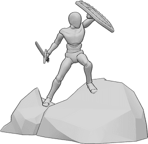 Referência de poses- Pose defensiva de lutador masculino - O homem está de pé sobre as rochas, defendendo-se com o seu escudo