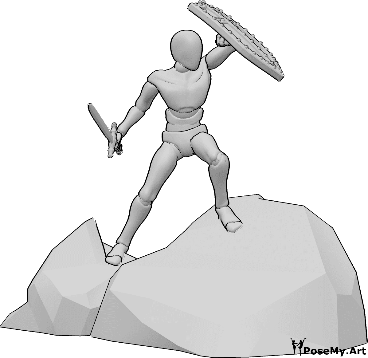 Pose Reference- Male fighter defensive pose - Male is standing on the rocks, defending himself with his shield