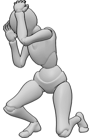 Referência de poses- Pose defensiva feminina - A mulher está agachada, protegendo a cabeça com as mãos, defendendo-se