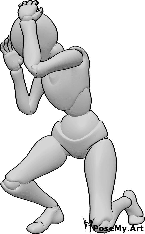 Pose Reference- Female defensive pose - Female is crouching, protecting her head with her hands, defending herself
