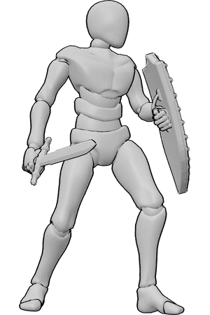 Referência de poses- Pose de defesa com escudo - Homem segura uma espada e um escudo, em posição de defesa