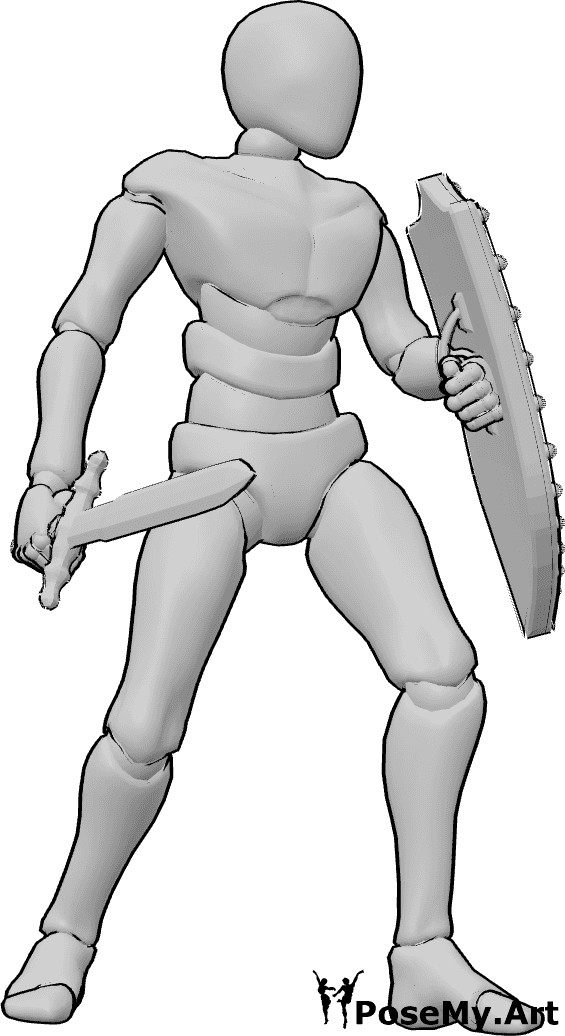 Referência de poses- Pose de defesa com escudo - Homem segura uma espada e um escudo, em posição de defesa