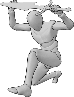 Referência de poses- Pose de defesa com espada - Homem agachado, segurando uma espada com as duas mãos, defendendo-se