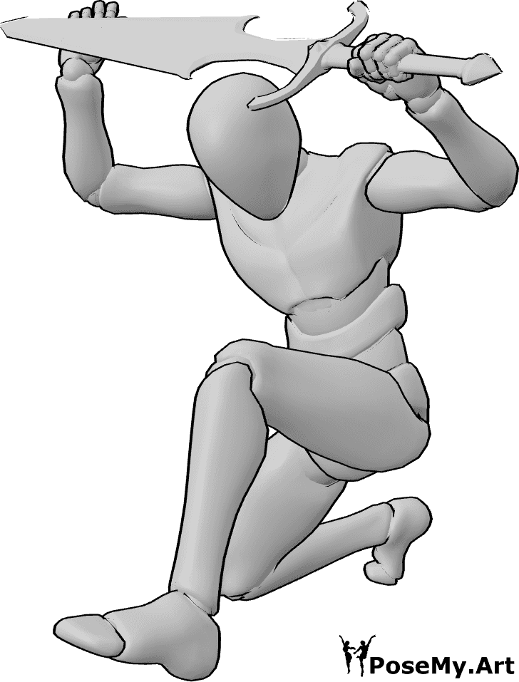 Referência de poses- Pose de defesa com espada - Homem agachado, segurando uma espada com as duas mãos, defendendo-se