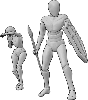 Referência de poses- Lutador masculino a defender a pose feminina - Homem de pé, segurando uma lança e um escudo, defendendo a mulher