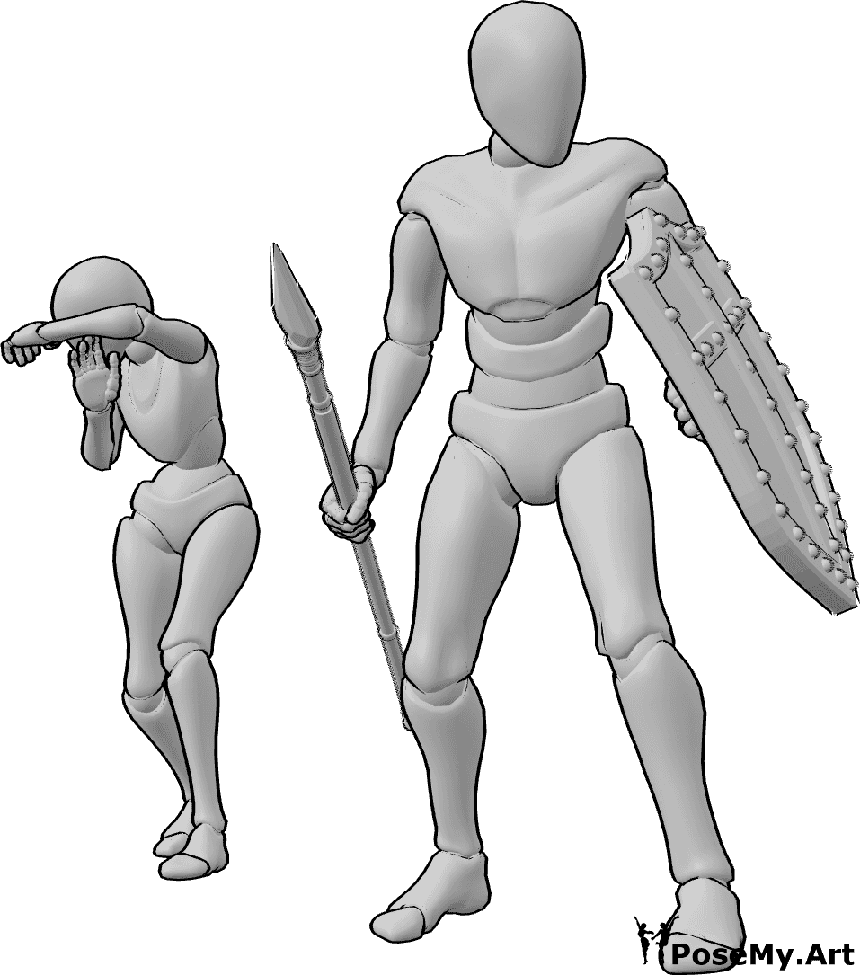Pose Reference- Male fighter defending female pose - Male is standing, holding a spear and a shield, defending the female