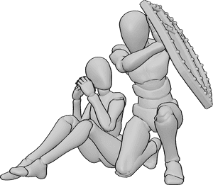 Referência de poses- Pose de homem defendendo mulher - O macho está agachado, segurando um escudo, defendendo a fêmea