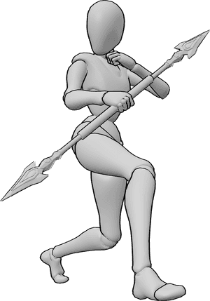 Referência de poses- Pose de defesa de uma lutadora - Uma lutadora segura uma lança na mão direita, pronta para se defender