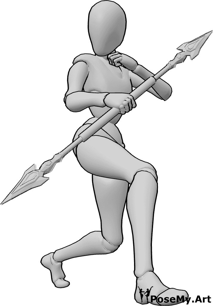 Pose Reference- Female fighter defensive pose - Female fighter is holding a spear in her right hand, ready to defend herself