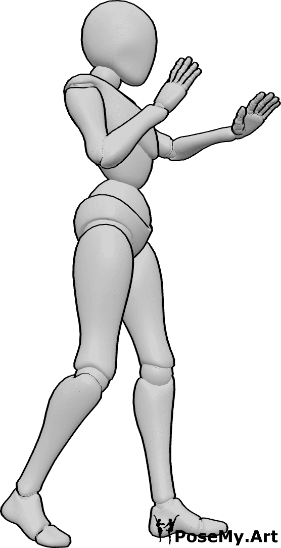 Pose Reference- Female hands defending pose - Female is standing and defending herself with her hands