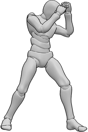 Referência de poses- Pose de defesa no boxe - Male está de pé e protege a cabeça com os punhos