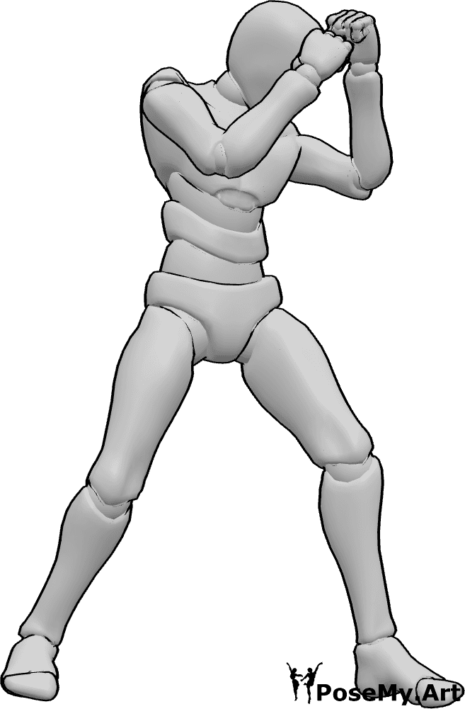 Pose Reference- Boxing defensive stance pose - Male is standing and protecting his head with his fists