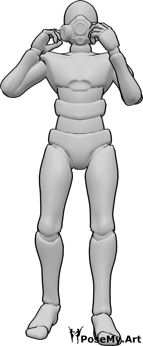 Pose Reference- Adjusting gas mask pose - Male is standing, wearing a gas mask, adjusting the straps of the mask