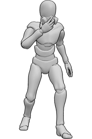 Référence des poses- Tenant un masque à gaz, posant en courant - L'homme court en portant le masque à gaz à son visage.