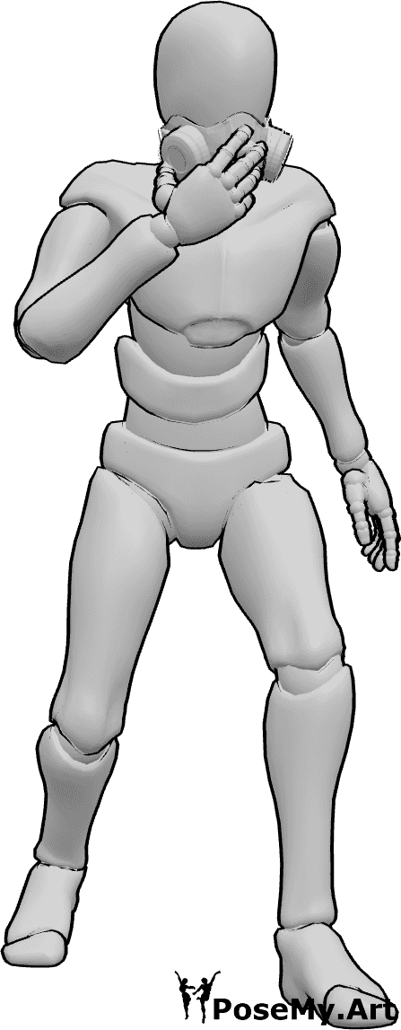 Pose Reference- Holding gas mask running pose - Male is running, holding the gas mask to his face