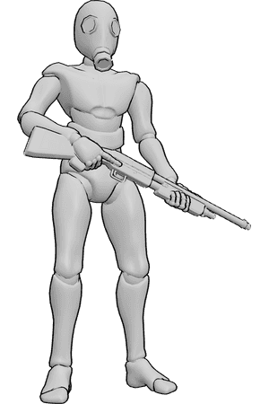 Référence des poses- Pose d'un masque à gaz tenant un pistolet - Homme debout, tenant une arme, portant un masque à gaz.