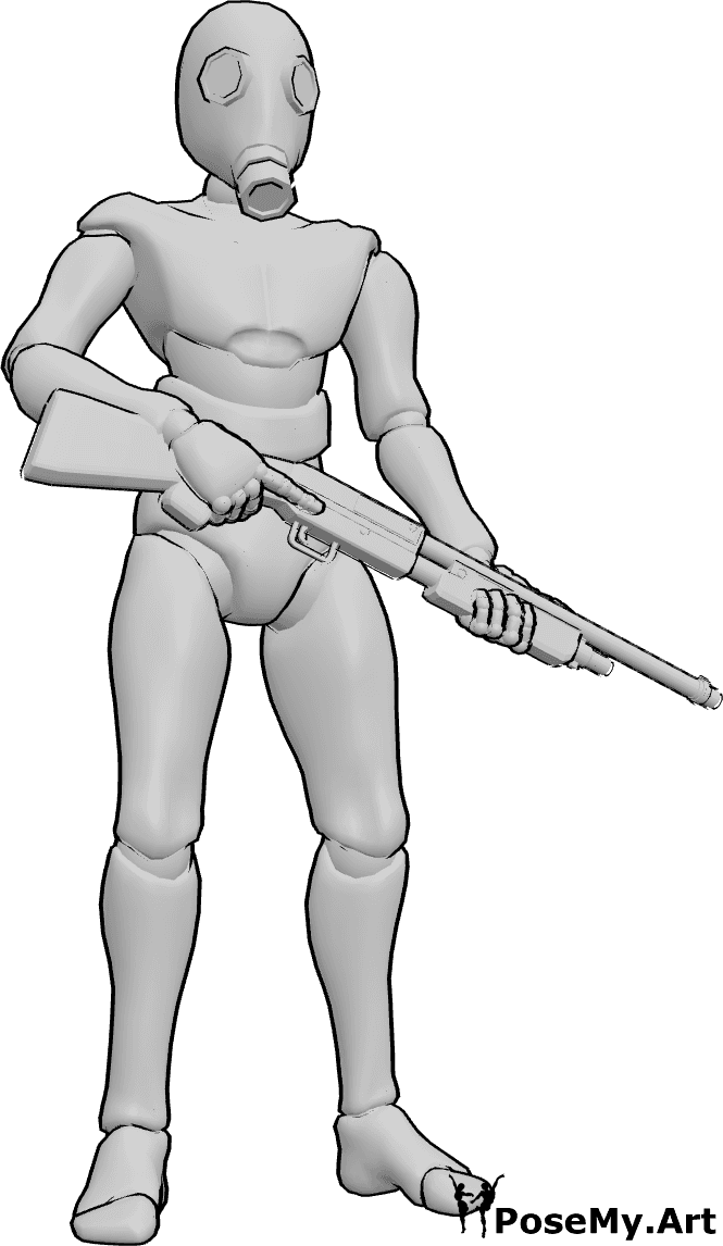 Pose Reference- Holding gun gas mask pose - Male is standing, holding a gun, wearing a gas mask