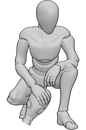 Référence des poses- Pose accroupie tenant un masque à gaz - L'homme est accroupi, il tient un masque à gaz dans sa main droite et regarde vers le bas.
