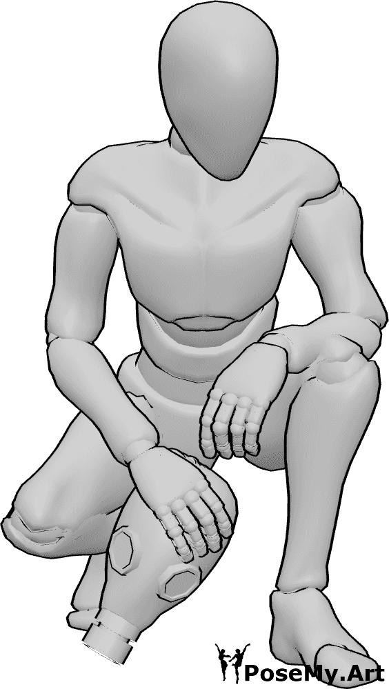 Pose Reference- Crouching holding gas mask pose - Male is crouching, holding a gas mask in his right hand, looking down