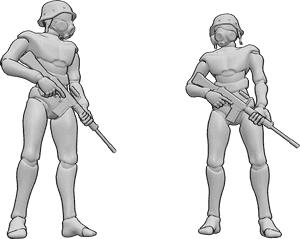 Référence des poses- Soldats posant avec un masque à gaz - Des soldats se tiennent l'un à côté de l'autre, portant un casque et un masque à gaz, et tenant une arme.