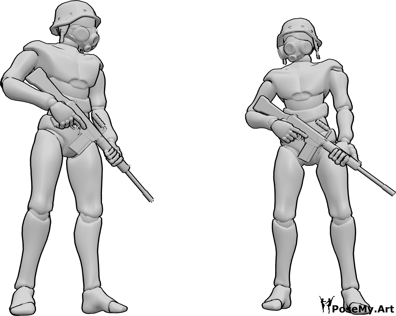 Pose Reference- Soldiers gas mask pose - Soldiers are standing next to each other, wearing helmet and gas mask, holding gun