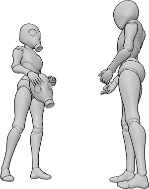Référence des poses- Femmes posant avec un masque à gaz - Une femme porte un masque à gaz et donne un masque à gaz à une autre femme.