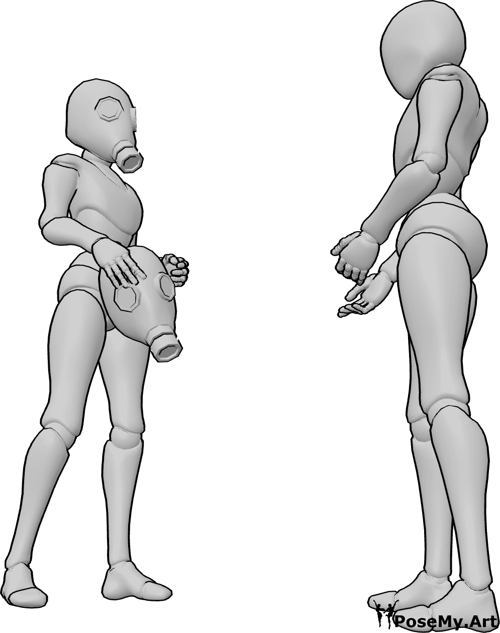 Pose Reference- Females gas mask pose - Female is wearing a gas mask and giving a gas mask to the other female
