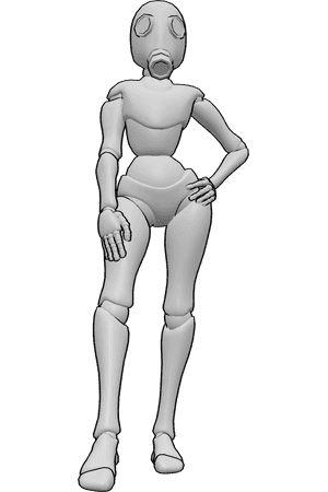 Référence des poses- Femme portant un masque à gaz pose - Femme debout, se tenant la hanche, portant un masque à gaz.