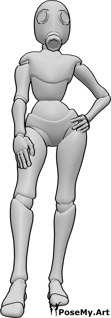 Pose Reference- Female wearing gas mask pose - Female is standing, holding her hip, wearing a gas mask