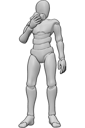 Référence des poses- Homme tenant un masque à gaz pose - L'homme est debout, regardant vers la gauche, tenant un masque à gaz sur son visage.