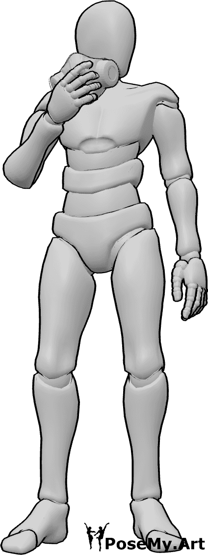 Pose Reference- Male holding gas mask pose - Male is standing, looking to the left, holding a gas mask to his face