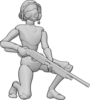 Référence des poses- Femme accroupie posant avec un masque à gaz - Femme soldat accroupie, tenant un fusil, portant un casque et un masque à gaz.