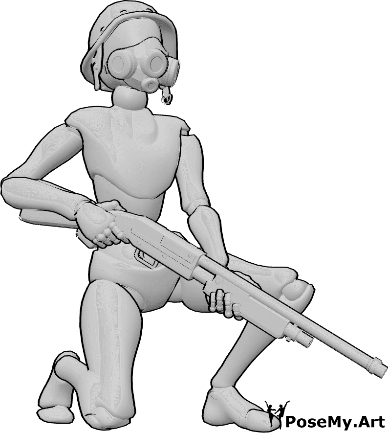 Pose Reference- Female crouching gas mask pose - Female soldier is crouching, holding a gun, wearing helmet and gas mask