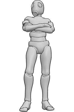 Référence des poses- Bras croisés, pose du masque à gaz - L'homme est debout, les bras croisés, portant un masque à gaz.