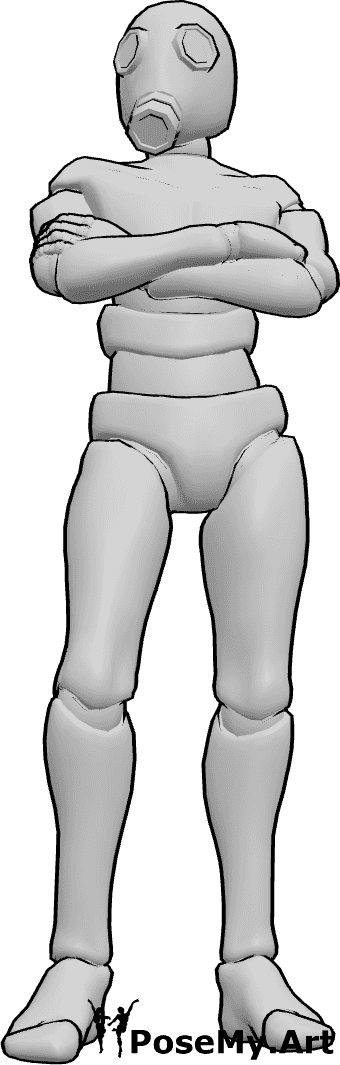 Pose Reference- Crossed arms gas mask pose - Male is standing with his arms crossed, wearing a gas mask