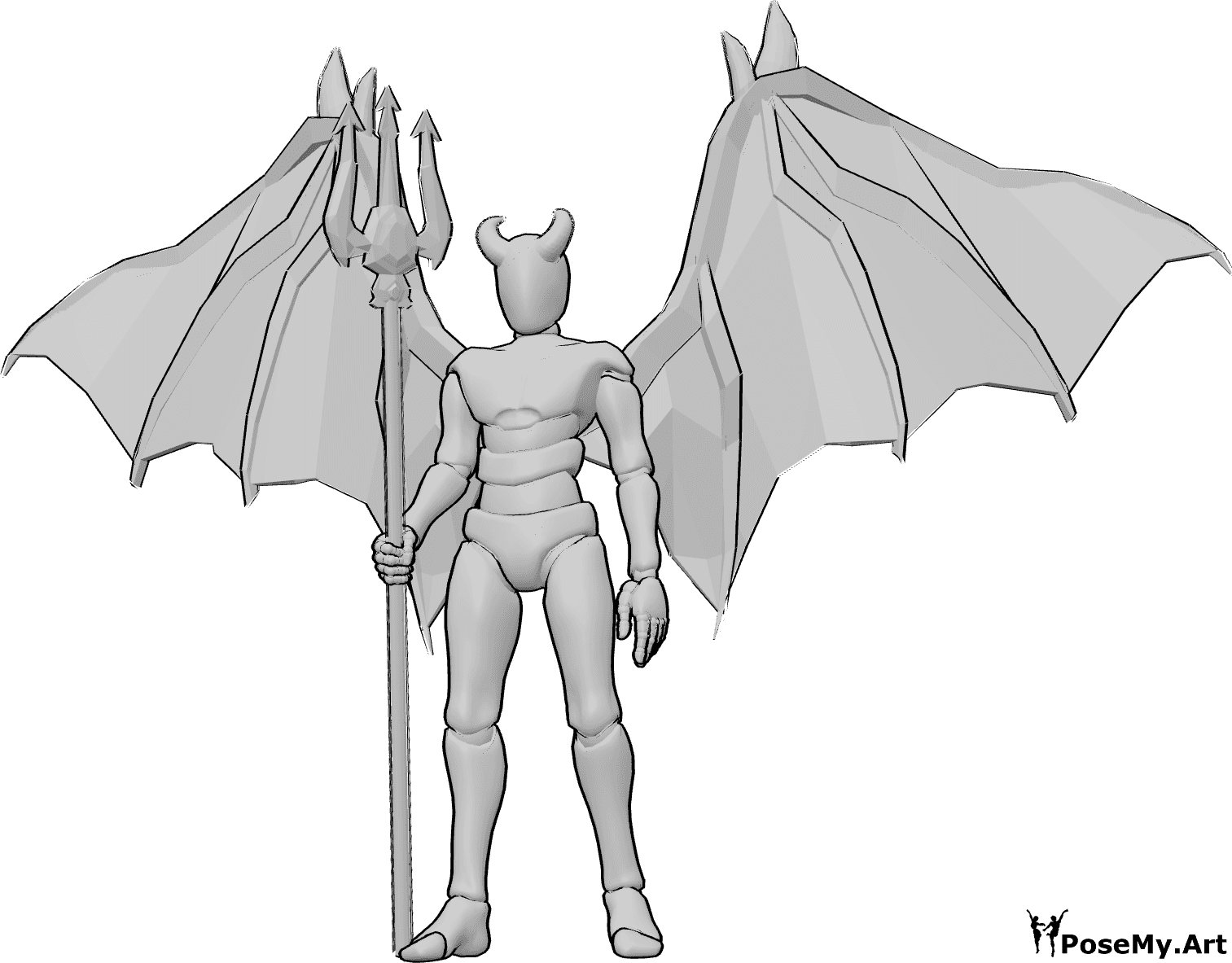 Pose Reference- Devil standing pose - Male devil is standing, holding a demon trident in his right hand, wearing horns and devil wings